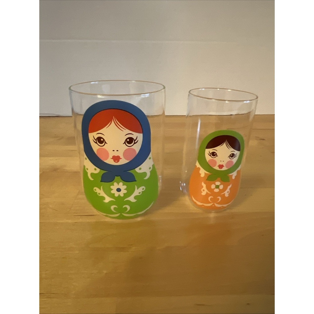2 BABUSHKUPS Russian Nesting Dolls Juice Drinking Glass FRED Blue & Green Bonnet